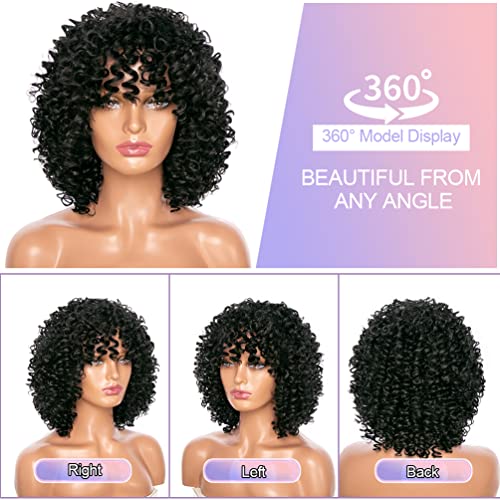 Curly Wigs for Women, 14 Inches Soft Curly Afro Wigs with Bangs,Synthetic Natural Black Curly Wigs, Curly Full Wig for Women(1B Natural Black) - Image 5