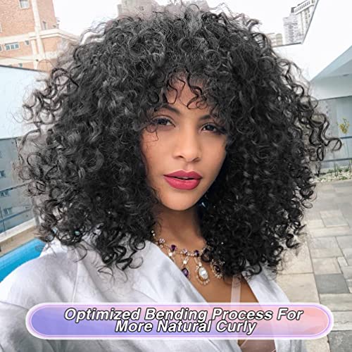 Curly Wigs for Women, 14 Inches Soft Curly Afro Wigs with Bangs,Synthetic Natural Black Curly Wigs, Curly Full Wig for Women(1B Natural Black) - Image 3