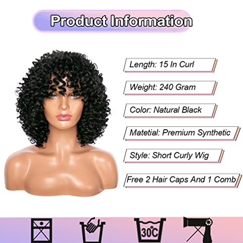 Curly Wigs for Women, 14 Inches Soft Curly Afro Wigs with Bangs,Synthetic Natural Black Curly Wigs, Curly Full Wig for Women(1B Natural Black) - Image 4
