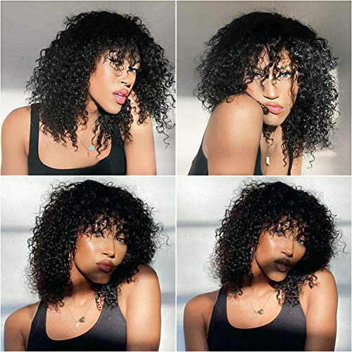 Curly Wigs with Bangs Human Hair for Women Kinky Curly Human Hair Wig with Bang Brazilian Virgin None Lace Front Wigs Full Machine Made Natural Black 12 Inch Kinky Curly Bang Wigs Human Hair - Image 2