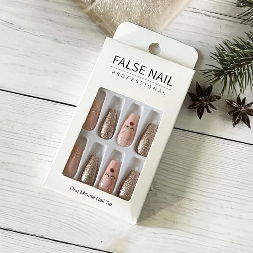 Cute Long Coffin Press on Nails with Gold Glitter Snowflake Design for Winter Parties - Image 4