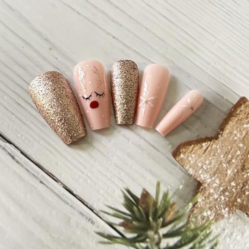 Cute Long Coffin Press on Nails with Gold Glitter Snowflake Design for Winter Parties - Image 5