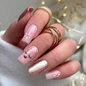 Cute Long Coffin Press on Nails with Gold Glitter Snowflake Design for Winter Parties