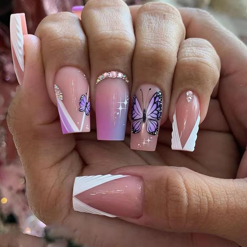 Cute Medium Length Square Glitter Glossy Press on Nails with Designs 3D Rhinestone Cute Kawaii Fake Nails 24Pcs for Woman (Medium Square Purple Butterfly White French Rhinestone)