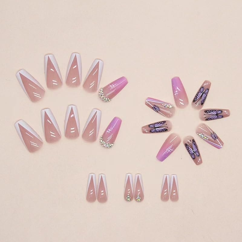Cute Medium Length Square Glitter Glossy Press on Nails with Designs 3D Rhinestone Cute Kawaii Fake Nails 24Pcs for Woman (Medium Square Purple Butterfly White French Rhinestone) - Image 3