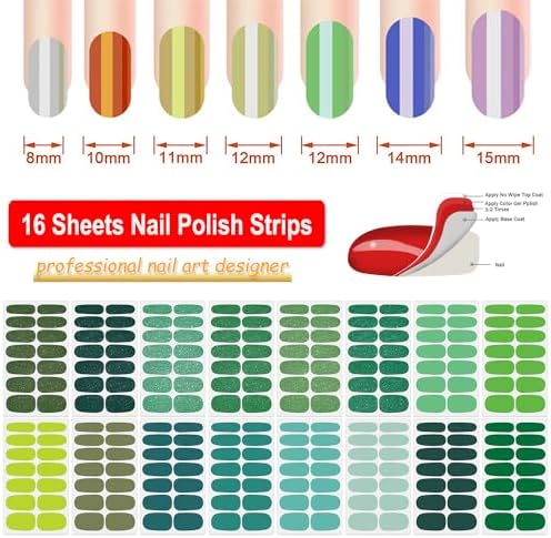 DANNEASY 16 Sheets Green Nail Wraps for Women Full Nail Polish Stickers Fresh Color Self Adhesive Nail Polish Strips Glitter Nail Strips Gel Fingernail Sticker Nails with Nail File, Cuticle Stick - Image 2