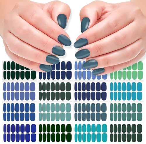 DANNEASY 16 Sheets Green&Blue Full Nail Wraps for Women Solid Color Nail Polish Stickers Self Adhesive Nail Polish Strips Nail Strips Gel Fingernail Sticker Nails with Nail File, Cuticle Stick