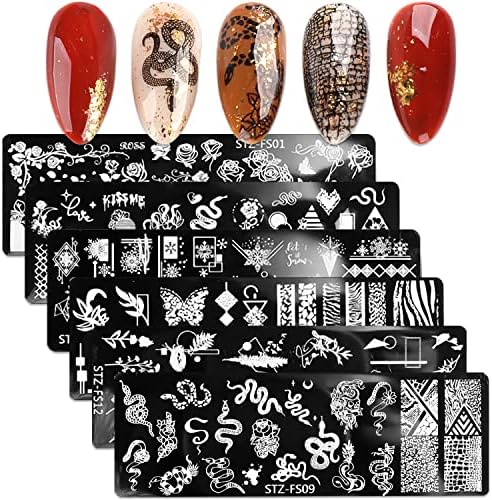 DANNEASY 6 Pieces Nail Stamping Plate Snake Flower Leaf Nail Stamps Abstract Nail Stencils Stamping Plates for Nails Manicure Template Nail Art Tools DIY Nails Accessories (Stylish Series)
