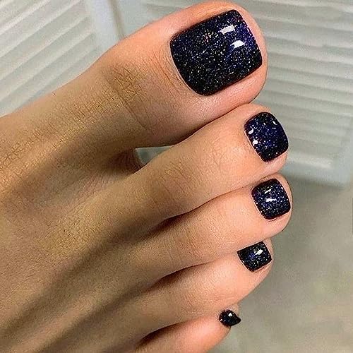 Sparkling Dark Blue Glitter Acrylic Toenails for Women - Durable Nail Art Set