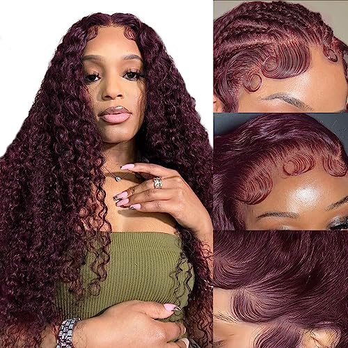Dark Burgundy Curly Lace Front Wig Human Hair 13x4 Deep Purple HD Lace Front wig Pre Plucked with Baby Hair 150% Density Dark Purple Deep Wave Lace Front Wigs Brazilian Human Hair for Women（28Inch）