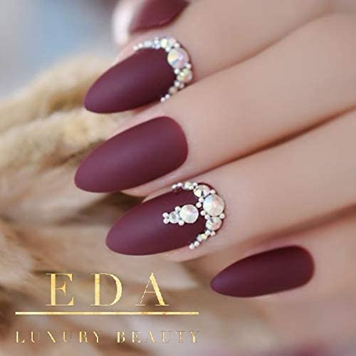 Dark Red Burgundy Matte 3D Luxe Crystal Design Press On Nails Full Cover Acrylic Nail Kit Glue On False Nails Extra Long Round Almond Stiletto Nail Art Tips Fashion Fake Nails Set - Image 4