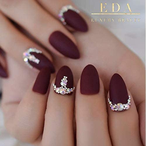 Dark Red Burgundy Matte 3D Luxe Crystal Design Press On Nails Full Cover Acrylic Nail Kit Glue On False Nails Extra Long Round Almond Stiletto Nail Art Tips Fashion Fake Nails Set - Image 3