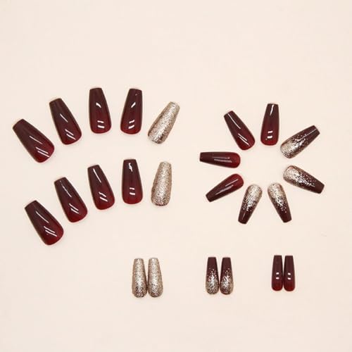 Dark Wine Red Medium Long Gradient Press on Nails with Gold Glitter - Image 2