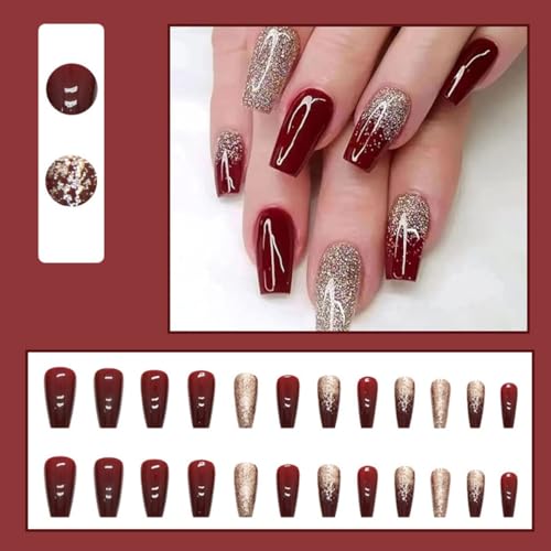 Dark Wine Red Medium Long Gradient Press on Nails with Gold Glitter - Image 6