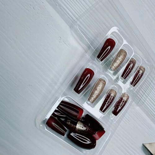 Dark Wine Red Medium Long Gradient Press on Nails with Gold Glitter - Image 4