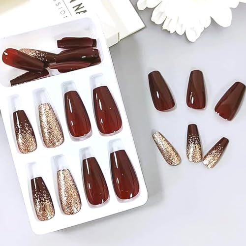 Dark Wine Red Medium Long Gradient Press on Nails with Gold Glitter - Image 5