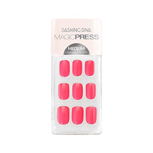 Dashing Diva Magic Press Nails - Power Up Pink | Medium, Square Press On Nails | Long Lasting Stick On Gel Nails | Lasts Up to 7 Days | Contains 30 Stick On Nails, 1 Prep Pad, 1 File