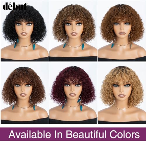 DÉBUT Water Wave Bob Wig with Bangs 10 Inch 100% Human Hair Short Curly Wigs Wear and Go Glueless Bangs Wig 150% Density Ombre Brown Mixed Honey Blonde Color - Image 5