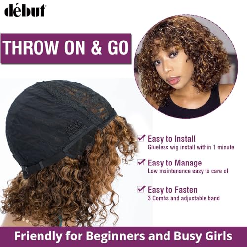 DÉBUT Water Wave Bob Wig with Bangs 10 Inch 100% Human Hair Short Curly Wigs Wear and Go Glueless Bangs Wig 150% Density Ombre Brown Mixed Honey Blonde Color - Image 3