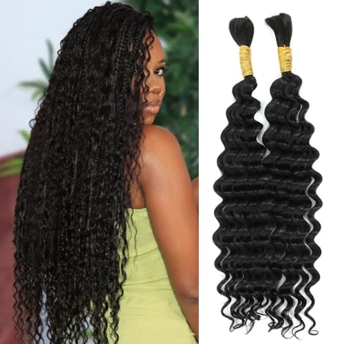 Deep Bulk Human Hair For Braiding No Weft 20 Inch Micro Human Braiding Hair Deep Wave 100% Unprocessed Virgin Remy Hair Full Thick Human Braiding Hair For Micro Braids Natural Color 100g 50g*2 Bulk