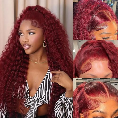 Deep Wave 99J Burgundy Lace Front Human Hair Wig 32 Inch 250% Density