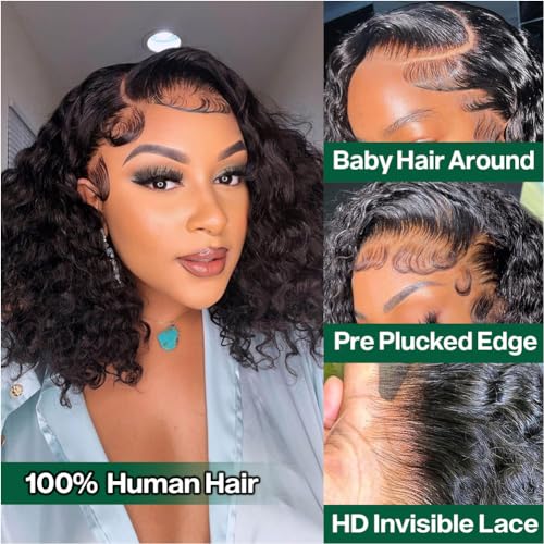 Deep Wave BOB Wig Human Hair HD Lace Front Wigs for Black Women Human Hair Glueless Invisible Lace Wigs Human Hair Pre Plucked Water Wave 180 Density Human Hair Wig 13x4 Frontal Wig 14 Inch - Image 2
