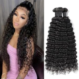 Deep Wave Bundles Human Hair 16 18 20 Inch Brazilian Deep Wave Bundles Human Hair 100% Unprocessed Virgin Remy Human Hair 9A Wet and Wavy Bundles Double Weft 3 Bundles Deep Curly Weave Natural Color