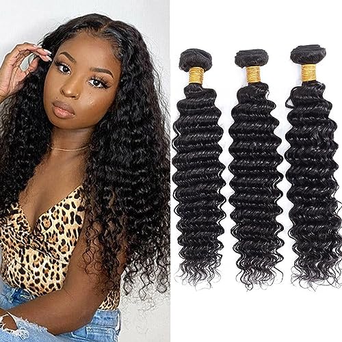 Deep Wave Bundles Human Hair 16 18 20 Inch Brazilian Virgin Human Hair Bundles Deep Curly Wave 100% Unprocessed Wet and Wave Curly Deep Wave Bundles Machine Double Weft Natural Black Color