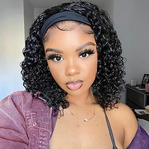 Deep Wave Headband Wig Human Hair 12 Inch Curly Headband Wigs for Black Women Human Hair Glueless None Lace Front Wigs Brazilian Virgin Hair Wig Machine Made 150% Density Natural Black Color