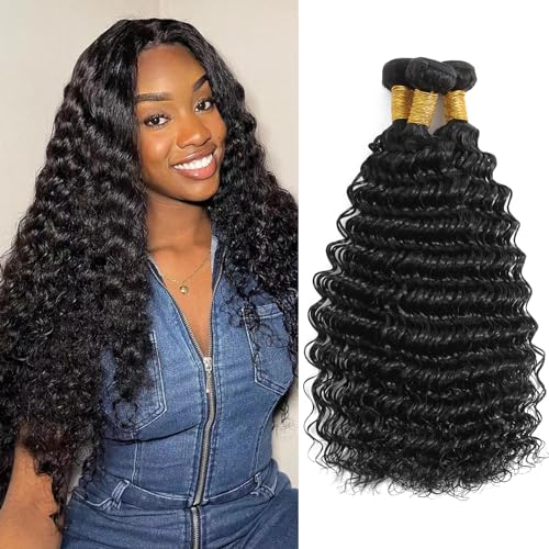 Deep Wave Human Hair Bundles 12 14 16 Inch 3 Bundles 12A 100% Unprocessed Brazilian Virgin Weave Bundles Human Hair Deep Curly Bundles Human Hair