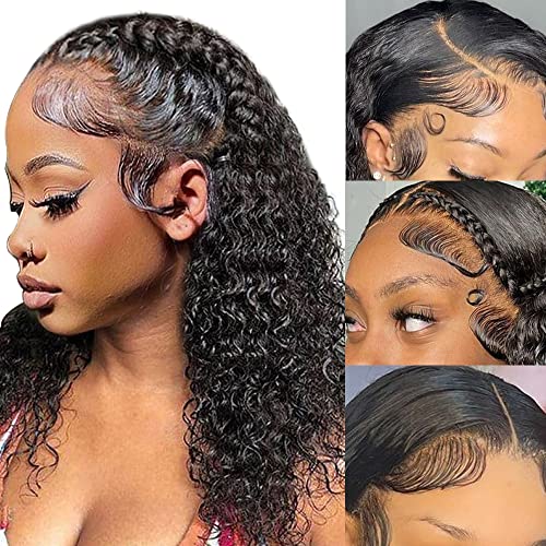14 Inch Deep Wave Lace Front Wig Human Hair Glueless Curly Black for Women