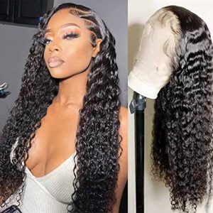 Deep Wave Lace Frontal Wigs Human Hair Pre Plucked 13x4 Transparent Lace Front Wigs Human Hair Curly Wigs for Black Women Deep Wave Wigs with Baby Hair 150% Density Natural Color 24 Inch