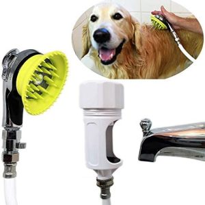 Deluxe Bathtub Spout and Garden Hose Attachment Dog Wash Kit w/Splash Shield and Rubber Scrubbing Teeth. Water Pressure Control. Fast and Easy Dog Bath. Indoor/Outdoor Pet Grooming.