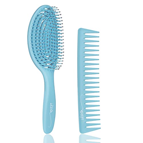 Detangling Brush Bio Friendly Detangler Hair Brush Flexible Massage Bristle Paddle Hairbrush with Wide Tooth Comb for Curly Straight Hair Kids Women Men Blue