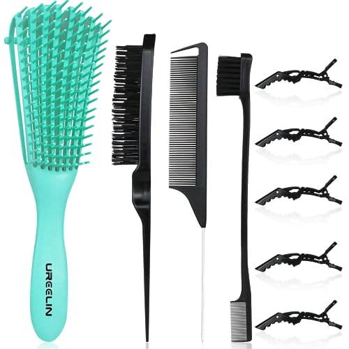 Detangling Brush set, Detanger Hair Brush Edge&Back brush for Curly Hair Brush with Rat Tail Comb Alligator Hair Clips for 3a to 4c Kinky Wavy/Curly/Coily/Wet/Dry/Oil/Thick/Long Hair(Green)
