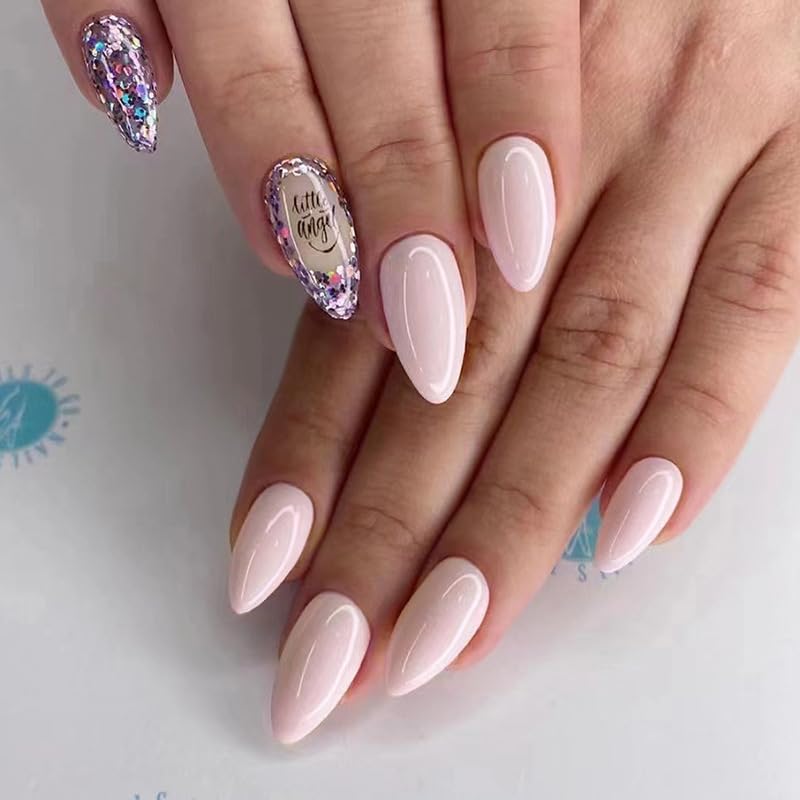 Diduikalor 24pcs Press On Nails Medium Almond Fake Nials  Light Pink With Sequins French Design False Nails, Acrylic Glue On Nails Full Cover Stick On Nails For Women