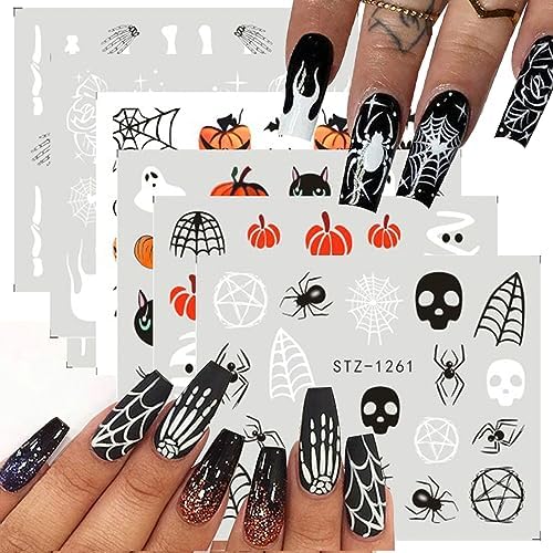 Diduikalor 6PCS Halloween Nail Art Stickers 3D Nail Decals Skeleton Spider Design Nail Art Design Self Adhesive Nail White Skull Element Design Nail Stickers for Women Nail