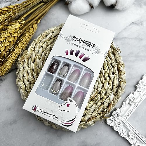 Diduikalor French Red Tip Press On Nails Medium Coffin Fake Nails Gold Fine Sparkle With Diamonds False Nails Acrylic Glue On Nails Reusable Stick On Nails For Women 24pcs - Image 4