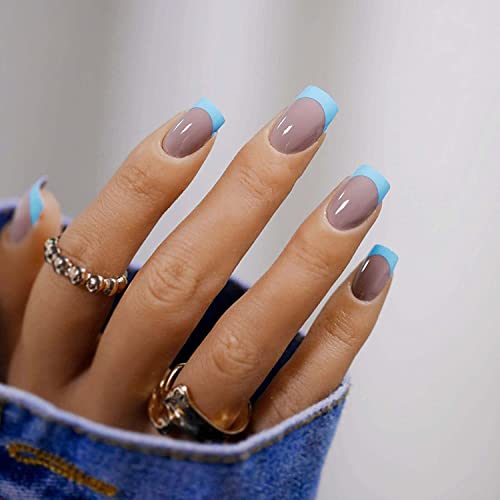 diduikalor French Tip Press on Nails Short Square, Fake Nails Glossy with Blue and Gray Design, Artificial Glue on Nails for Women and Girls