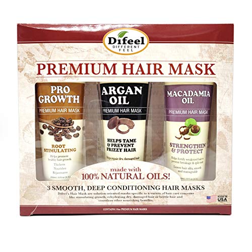 Difeel Premium Hair Growth & Frizz Taming Hair Mask 3-PC Set - Pro-Growth Hair Mask 8oz, Argan Oil Hair Mask 8oz, Macadamia Hair Mask 8oz
