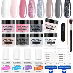 Dip Nails Powder Starter Kit 8 Colors Pink Glitter Nail Dipping Powder with Top Base Coat and Activator, Dip Powder Nail Kit with Everything for French Nail Art Christmas Gifts
