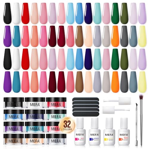 Dip Powder Nail Kit Pink Blue Purple White Black Red 32 Multi-Colors Dipping Powder with Base Top Coat Activator Brush Saver Liquid Set, Classic All Seasons Tones French Nail Art Manicure Salon MEFA