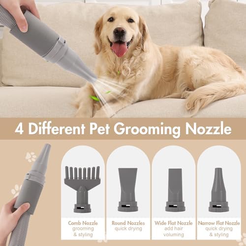 Dog Dryer Pet Blower- High Velocity Professional Pet Blow Dryer for Large Dogs - Smart Adjustable Temperature Pet Hair Grooming Dryer with 4 Nozzles - Image 5