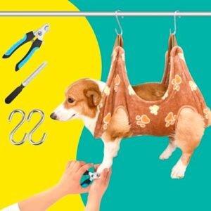 Dog Grooming Kit, Dog Grooming Supplies, Dog Grooming Hammock, Dog Grooming Harness, Dog Nail Clippers, Dog Nail Grinder, Hooks, Dog Hammock Kit for Nail Trimming/Hair Trimming(Coffee, M)