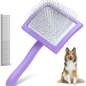 Dog Slicker Brush for Grooming Hair, Long Pin Brush for Shedding Medium & Long Haired Cats. Dematting Tool for Removes Loose Fur, Tangles, Knots, Undercoat, Free Pet Comb - Large, Purple