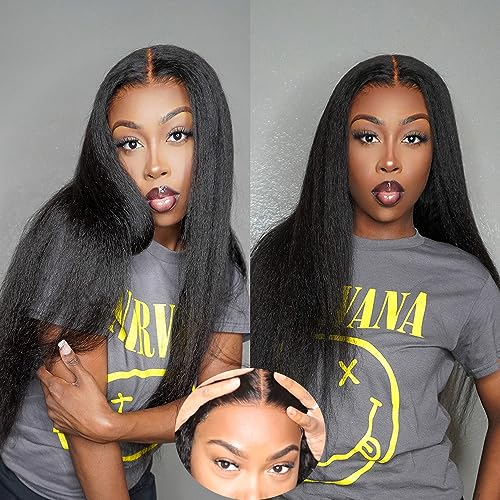 Domiso 26 Inch Kinky Straight Wear and Go Glueless Wigs Human Hair Pre Plucked Pre Cut 6x4.6 HD Lace Yaki Straight Lace Front Wigs Human Hair Brazilian Beginners Wig Natural Hairline Breathable Cap