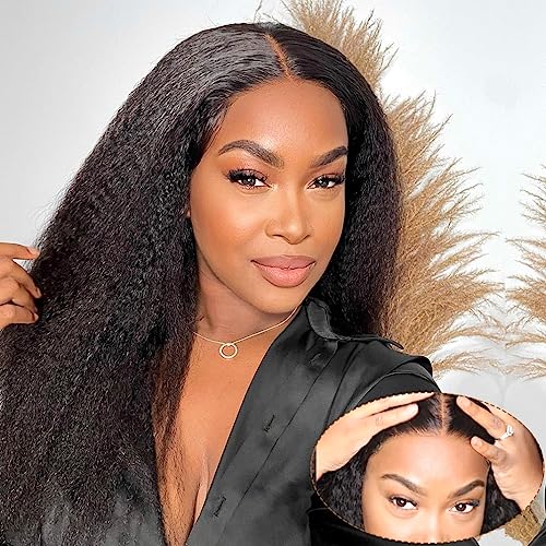 Domiso Glueless Wig Human Hair Yaki Hair Pre Cut 6x4.6 HD Lace Wig Kinky Straight Lace Front Wigs Human Hair for Women Beginners Wig Natural Hairline Pre Plucked Breathable Cap 200% Density 16 Inch