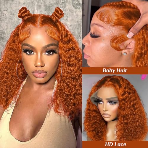 Dorosy Hair Ginger Orange Curly Wigs Human Hair Colored 13x4 HD Transarent Lace Frontal Wigs Human Hair Wigs Brazilian Wet Short Bob Curly Wigs Glueless Pre Plucked with Baby Hair(8inch) - Image 2