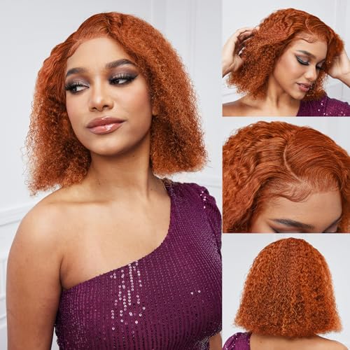 Dorosy Hair Ginger Orange Curly Wigs Human Hair Colored 13x4 HD Transarent Lace Frontal Wigs Human Hair Wigs Brazilian Wet Short Bob Curly Wigs Glueless Pre Plucked with Baby Hair(8inch)