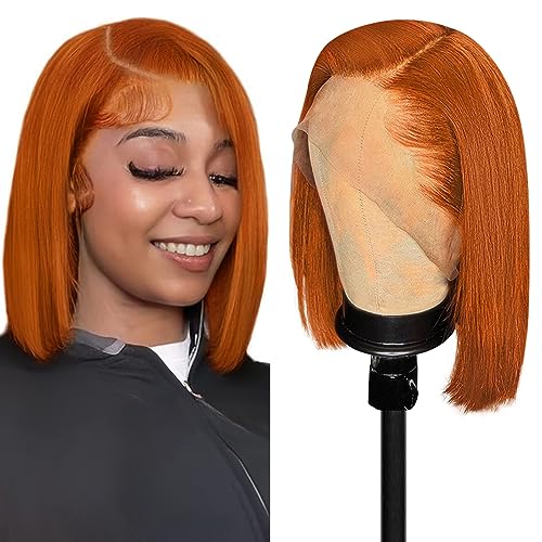 Dorosy Hair Orange Bob wig Ginger Transparent Lace Front Wigs Human Hair Pre Plucked with Baby Hair 150% Density Brazilian Straight Bob Wigs 13x4 Lace Front Bob Wigs for Black Women(12 inch)